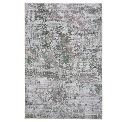 Loomed Green Silver Distressed Abstract Anti Slip Washable Rug 200X290Cm - image 1