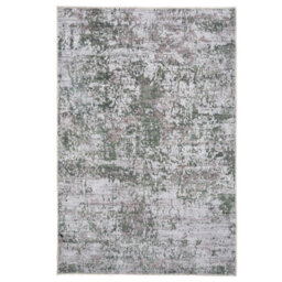 Loomed Green Silver Distressed Abstract Anti Slip Washable Rug 200X290Cm