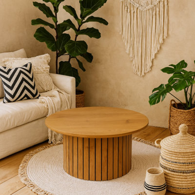 Wyld Haus Rome Round Wild Oak Effect Coffee Table With Lamella Pillar Base - image 1