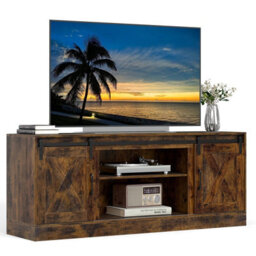Gainoom Brown Farmhouse Tv Stand For 70Inch Tvs 150 Cm Long Media Console Cabinet