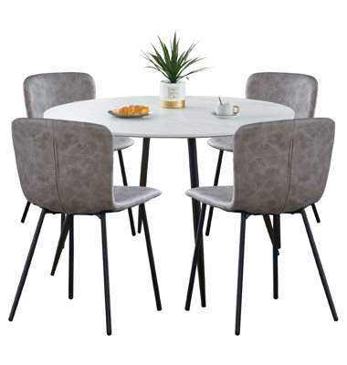 Hallowood Furniture Cullompton Large Round White Marble Effect Dining Table 120Cm With 4 Taupe Leather Effect Chairs - image 1