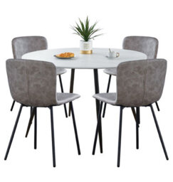 Hallowood Furniture Cullompton Large Round White Marble Effect Dining Table 120Cm With 4 Taupe Leather Effect Chairs