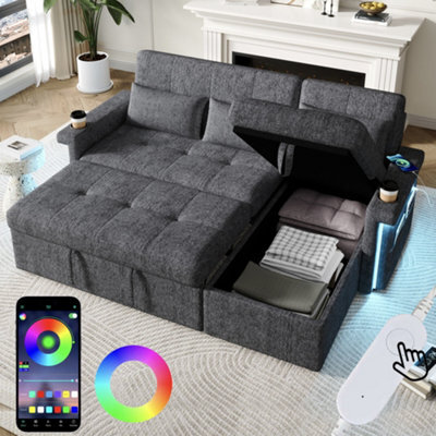 Abrihome Grey L-Shaped Corner Sofa Bed With Pull-Out Sleep, Led, Usb, Cup Holders & Storage - image 1