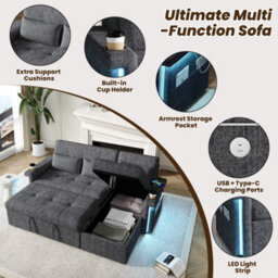 Abrihome Grey L-Shaped Corner Sofa Bed With Pull-Out Sleep, Led, Usb, Cup Holders & Storage - thumbnail 3