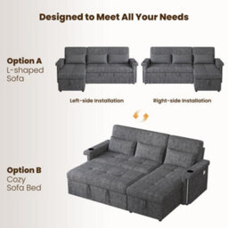 Abrihome Grey L-Shaped Corner Sofa Bed With Pull-Out Sleep, Led, Usb, Cup Holders & Storage - thumbnail 4