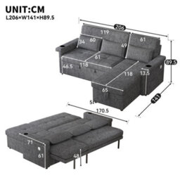 Abrihome Grey L-Shaped Corner Sofa Bed With Pull-Out Sleep, Led, Usb, Cup Holders & Storage - thumbnail 5