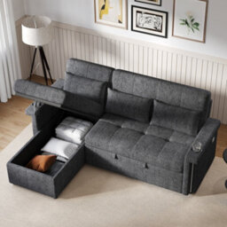 Abrihome Grey L-Shaped Corner Sofa Bed With Pull-Out Sleep, Led, Usb, Cup Holders & Storage - thumbnail 8