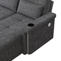 Abrihome Grey L-Shaped Corner Sofa Bed With Pull-Out Sleep, Led, Usb, Cup Holders & Storage - thumbnail 6