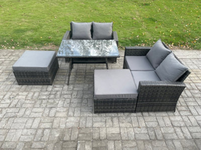 Fimous 6 Seater Wicker Pe Rattan Garden Dining Set Outdoor Furniture Sofa With Rectangular Dining Table 2 Big Footstool - image 1