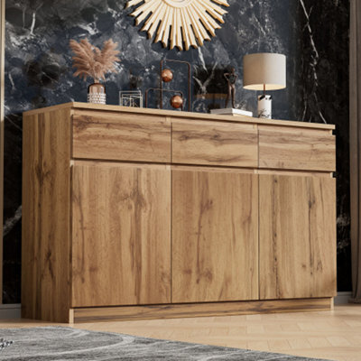 Btm Oak Buffet Sideboard With 3 Drawers, 3 Doors & Adjustable Shelves, Farmhouse Wine Cabinet For Dining/kitchen - image 1