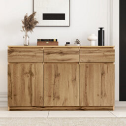 Btm Oak Buffet Sideboard With 3 Drawers, 3 Doors & Adjustable Shelves, Farmhouse Wine Cabinet For Dining/kitchen - thumbnail 9