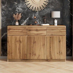 Btm Oak Buffet Sideboard With 3 Drawers, 3 Doors & Adjustable Shelves, Farmhouse Wine Cabinet For Dining/kitchen - thumbnail 2