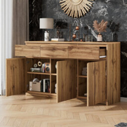 Btm Oak Buffet Sideboard With 3 Drawers, 3 Doors & Adjustable Shelves, Farmhouse Wine Cabinet For Dining/kitchen - thumbnail 3