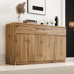 Btm Oak Buffet Sideboard With 3 Drawers, 3 Doors & Adjustable Shelves, Farmhouse Wine Cabinet For Dining/kitchen - thumbnail 4