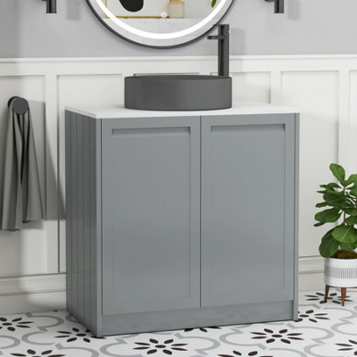Royal Bathrooms Royal Bathroom Elmore 800mm Matt Pebble Grey Freestanding Countertop Bathroom Vanity Unit 2 Door With Art Round Basin - image 1