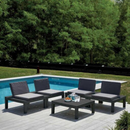 5 Piece Black Plastic Garden Furniture Set - 4 Cushioned Chairs & Table - Perfect For Using Outdoor Patio Balcony Poolside - thumbnail 2