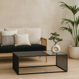 Wyld Haus Porto Rectangular Coffee Table - Stone Effect And Glass Top, Black, 1200mm - thumbnail 2