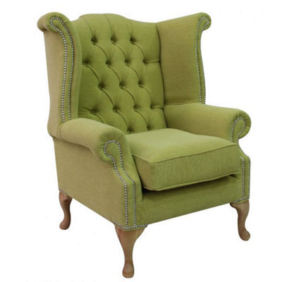 Chesterfield High Back Wing Chair Verity Lime Green Fabric In Queen Anne Style - image 1