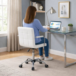 Home Treats Office Chair White Leather Computer Desk Chair Ergonomic Bar Stool On Wheels - thumbnail 8