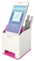 Leitz Wow White Metallic Pink Plastic Home Office Desk Storage Organiser Square Sound Boosting Pen Pencil Stationery Holder Pot - thumbnail 2