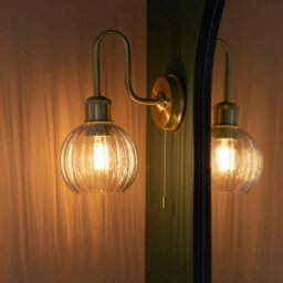 Satin Brass Bathroom Wall Light & Ribbed Glass Shade Ip44 Rated Knurled Detail - thumbnail 4