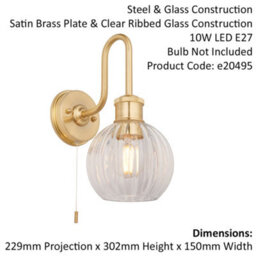Satin Brass Bathroom Wall Light & Ribbed Glass Shade Ip44 Rated Knurled Detail - thumbnail 2