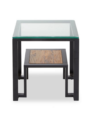 Orsina Roman Side Table, Square Clear Glass Top With Black Metal Frame, Teak Wood Shelf For Storage And Display - image 1