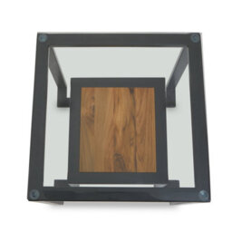 Orsina Roman Side Table, Square Clear Glass Top With Black Metal Frame, Teak Wood Shelf For Storage And Display - thumbnail 3