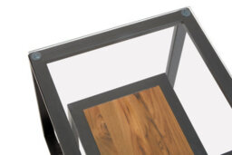 Orsina Roman Side Table, Square Clear Glass Top With Black Metal Frame, Teak Wood Shelf For Storage And Display - thumbnail 2