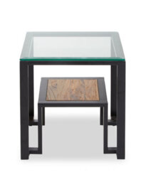 Orsina Roman Side Table, Square Clear Glass Top With Black Metal Frame, Teak Wood Shelf For Storage And Display