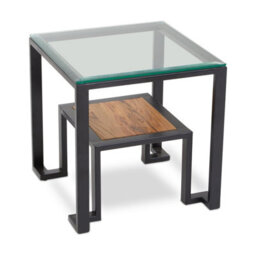 Orsina Roman Side Table, Square Clear Glass Top With Black Metal Frame, Teak Wood Shelf For Storage And Display - thumbnail 4