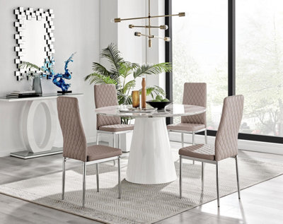 Furniturebox Uk Palma White Marble Effect Round Dining Table & 4 Cappuccino Milan Chrome Leg Chairs - image 1
