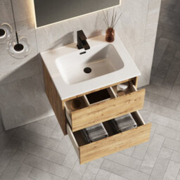 Banyetti Venti 600mm Wall Hung Vanity Unit With Athena Basin - Ostippo Oak - thumbnail 3