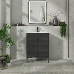 Royal Bathrooms Verona 600mm Black Woodgrain Floor Standing Vanity Unit 2 Door With Carrara White Basin & Matt Black Knob - thumbnail 4