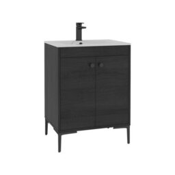 Royal Bathrooms Verona 600mm Black Woodgrain Floor Standing Vanity Unit 2 Door With Carrara White Basin & Matt Black Knob - thumbnail 6