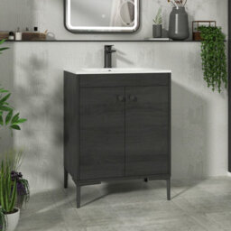 Royal Bathrooms Verona 600mm Black Woodgrain Floor Standing Vanity Unit 2 Door With Carrara White Basin & Matt Black Knob - thumbnail 1