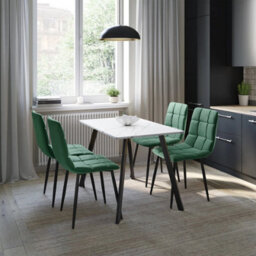 Urbn-Living Urbn Living 110Cm Dining Table & 4 Pcs Velvet Chairs Set Modern Metal Kitchen Furniture White Marbletable And Green Chair - thumbnail 3