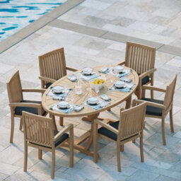 Eterna Rimini Teak Garden Outdoor Dining Table & 6 Seat Chair Set - With Black Cushions