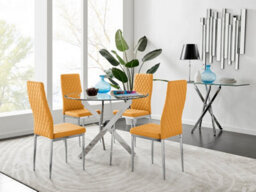 Furniturebox Novara Clear Tempered Glass 100Cm Round Dining Table With Chrome Starburst Legs & 4 Mustard Milan Faux Leather Chairs