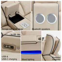 More4Homes Capri Electric Recliner 2 Seater Sofa (Beige) - Bluetooth Speakers, Wireless Charging, Air Leather, Led Lighting, Cupholders - thumbnail 7