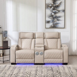More4Homes Capri Electric Recliner 2 Seater Sofa (Beige) - Bluetooth Speakers, Wireless Charging, Air Leather, Led Lighting, Cupholders - thumbnail 8