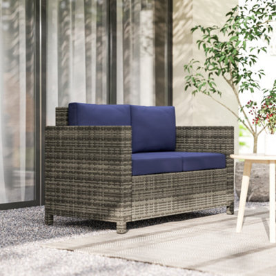 Outsunny Rattan Wicker 2-Seat Sofa Loveseat Padded Garden Furniture Blue - image 1