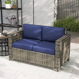 Outsunny Rattan Wicker 2-Seat Sofa Loveseat Padded Garden Furniture Blue - thumbnail 8
