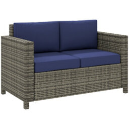 Outsunny Rattan Wicker 2-Seat Sofa Loveseat Padded Garden Furniture Blue - thumbnail 2