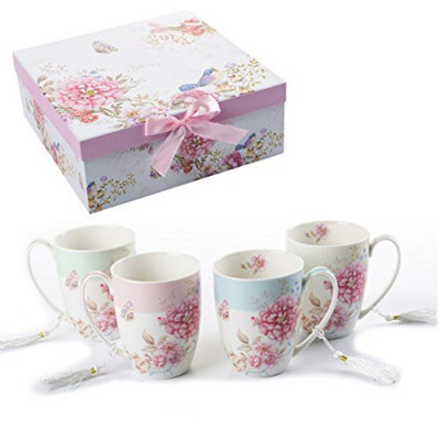 London Boutique Tea Coffee Cup Mug Set 4 Ceramic Porcelain Bird Rose Butterfly Shabby Chic Design In Gift Box 330Ml (1 Set) - image 1