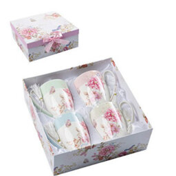 London Boutique Tea Coffee Cup Mug Set 4 Ceramic Porcelain Bird Rose Butterfly Shabby Chic Design In Gift Box 330Ml (1 Set) - thumbnail 6