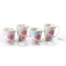 London Boutique Tea Coffee Cup Mug Set 4 Ceramic Porcelain Bird Rose Butterfly Shabby Chic Design In Gift Box 330Ml (1 Set) - thumbnail 2