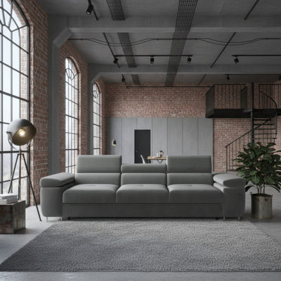 Torezio Three Seater Sofa With Adjustable Headrests For Living Room Chipboard Frame Metal Legs 263X102X70-90Cm Grey - image 1