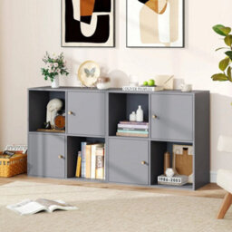 4-Cube Bookcase 3-Tier Bookshelf Storage Organizer W/2 Cabinets-Grey - thumbnail 5