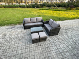 Fimous 7 Seater Rattan Wicker Garden Furniture Patio Conservatory Sofa Set With Coffee Table 2 Small Footstools - thumbnail 2
